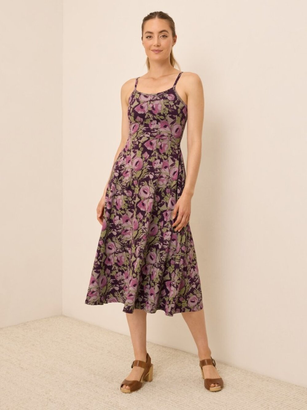 Pact Organic Fit & Flare Midi Dress XS Regular Gathered Joys Berry Jam